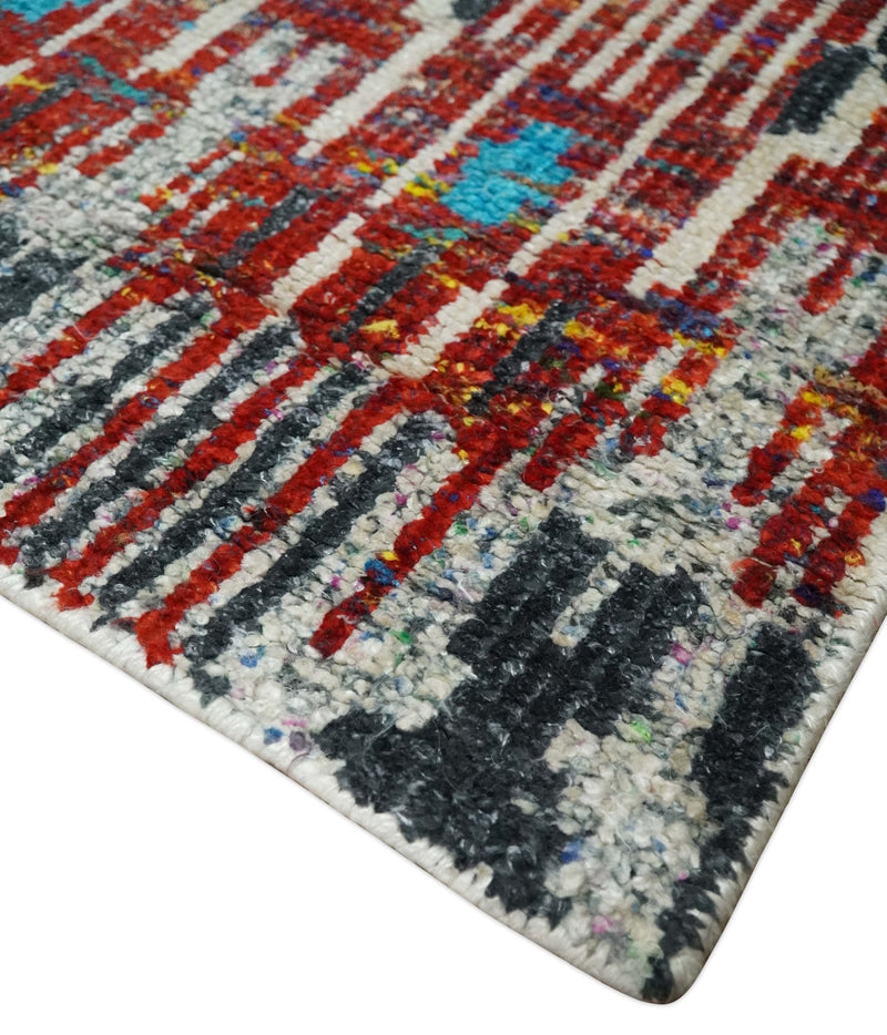 5x8 Hand Knotted Ivory, Blue and Red Modern Abstract Contemporary Recycled Silk Area Rug | OP99