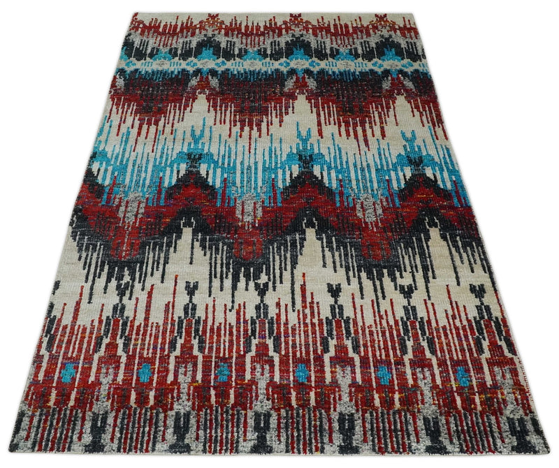 5x8 Hand Knotted Ivory, Blue and Red Modern Abstract Contemporary Recycled Silk Area Rug | OP99