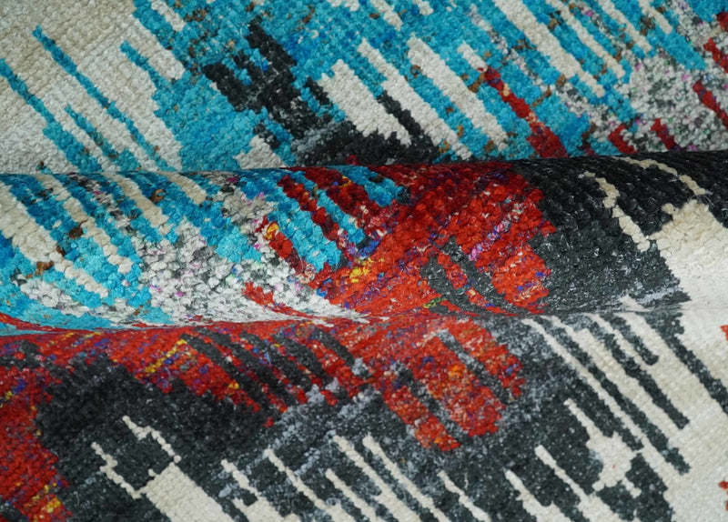 5x8 Hand Knotted Ivory, Blue and Red Modern Abstract Contemporary Recycled Silk Area Rug | OP99