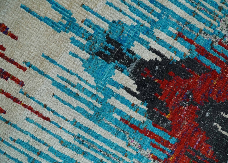 5x8 Hand Knotted Ivory, Blue and Red Modern Abstract Contemporary Recycled Silk Area Rug | OP99