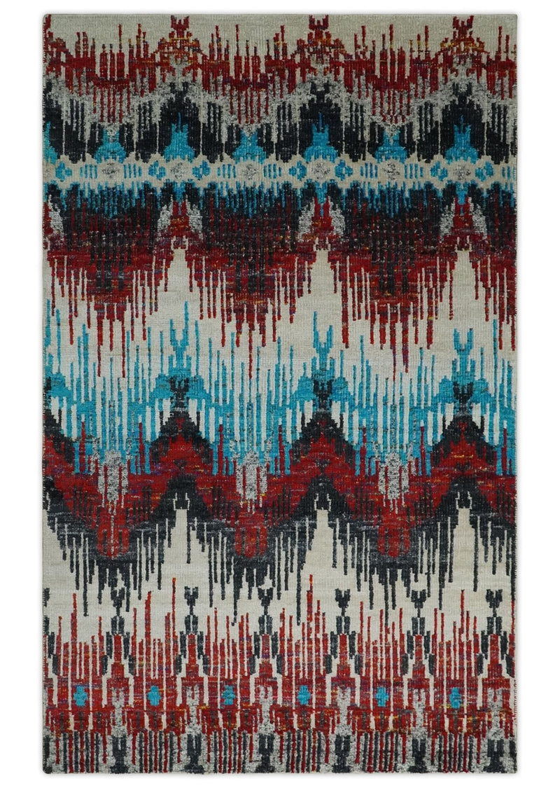 5x8 Hand Knotted Ivory, Blue and Red Modern Abstract Contemporary Recycled Silk Area Rug | OP99