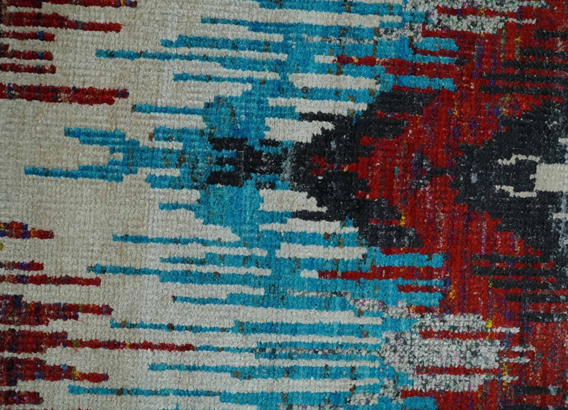 5x8 Hand Knotted Ivory, Blue and Red Modern Abstract Contemporary Recycled Silk Area Rug | OP99