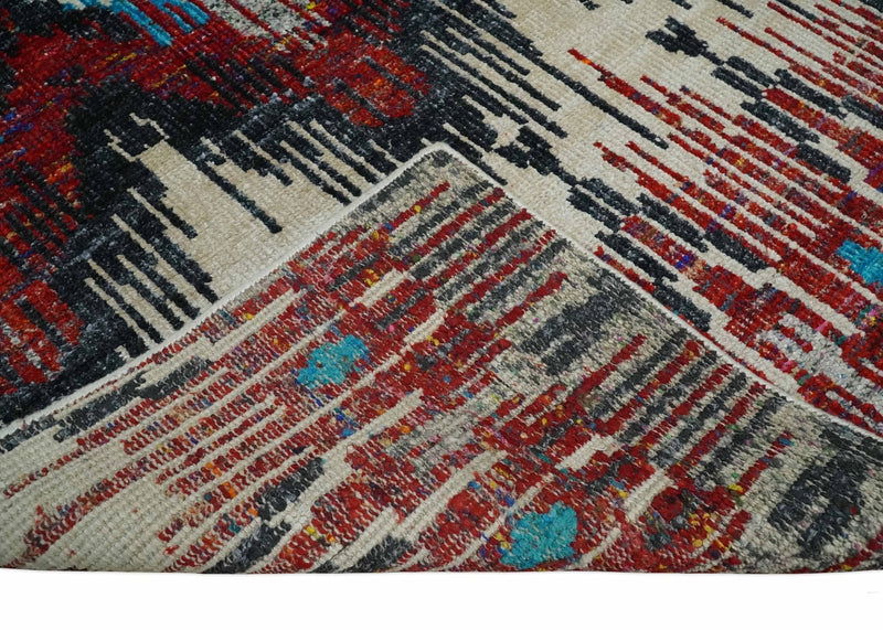 5x8 Hand Knotted Ivory, Blue and Red Modern Abstract Contemporary Recycled Silk Area Rug | OP99