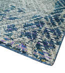 5x8 Hand Knotted Ivory, Blue and Teal Modern Geometric Contemporary Recycled Silk Area Rug | OP102