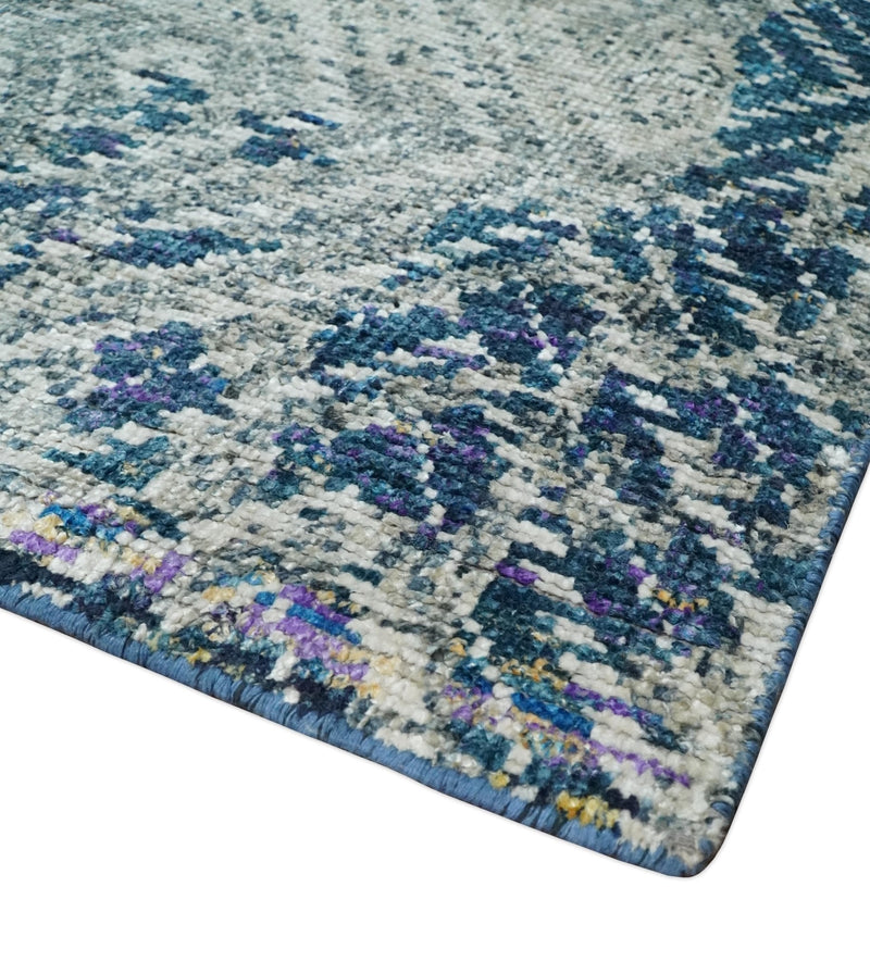 5x8 Hand Knotted Ivory, Blue and Teal Modern Geometric Contemporary Recycled Silk Area Rug | OP102