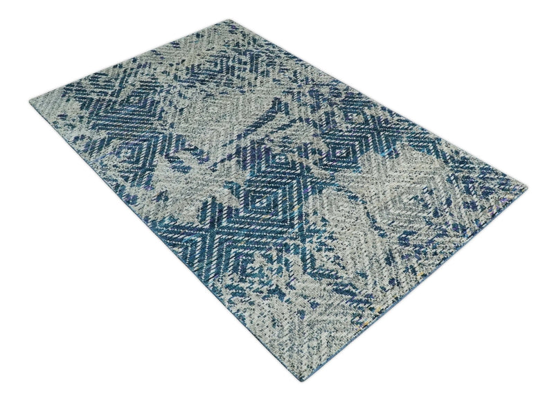 5x8 Hand Knotted Ivory, Blue and Teal Modern Geometric Contemporary Recycled Silk Area Rug | OP102