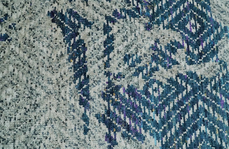 5x8 Hand Knotted Ivory, Blue and Teal Modern Geometric Contemporary Recycled Silk Area Rug | OP102