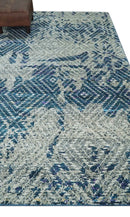 Ivory Blue Recycled Silk Area Rug 5x8 Hand Knotted Geometric