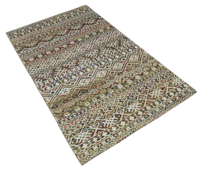 5x8 Hand Knotted Ivory, Olive and Rust Modern Contemporary Southwestern Tribal Trellis Recycled Silk Area Rug | OP121