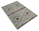 Recycled Silk Hand-Knotted Persian Area Rug 5x8 - Ivory Red and Yellow Modern Design