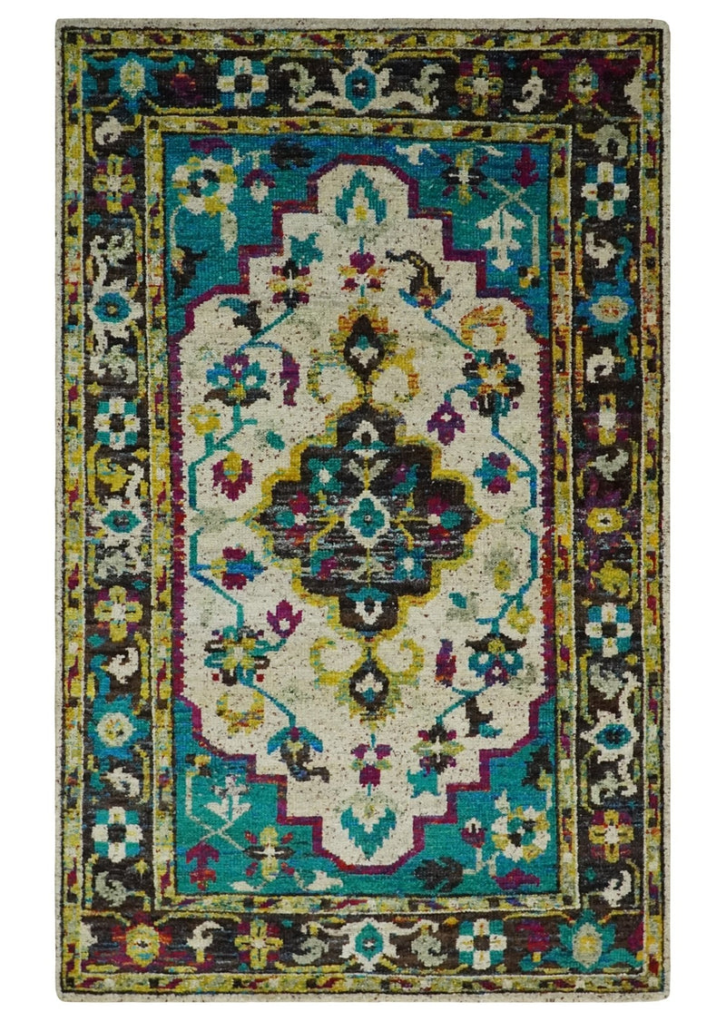 5x8 Hand Knotted Ivory, Teal Blue and Brown Antique Persian Style Contemporary Bamboo Silk Area Rug | OP76