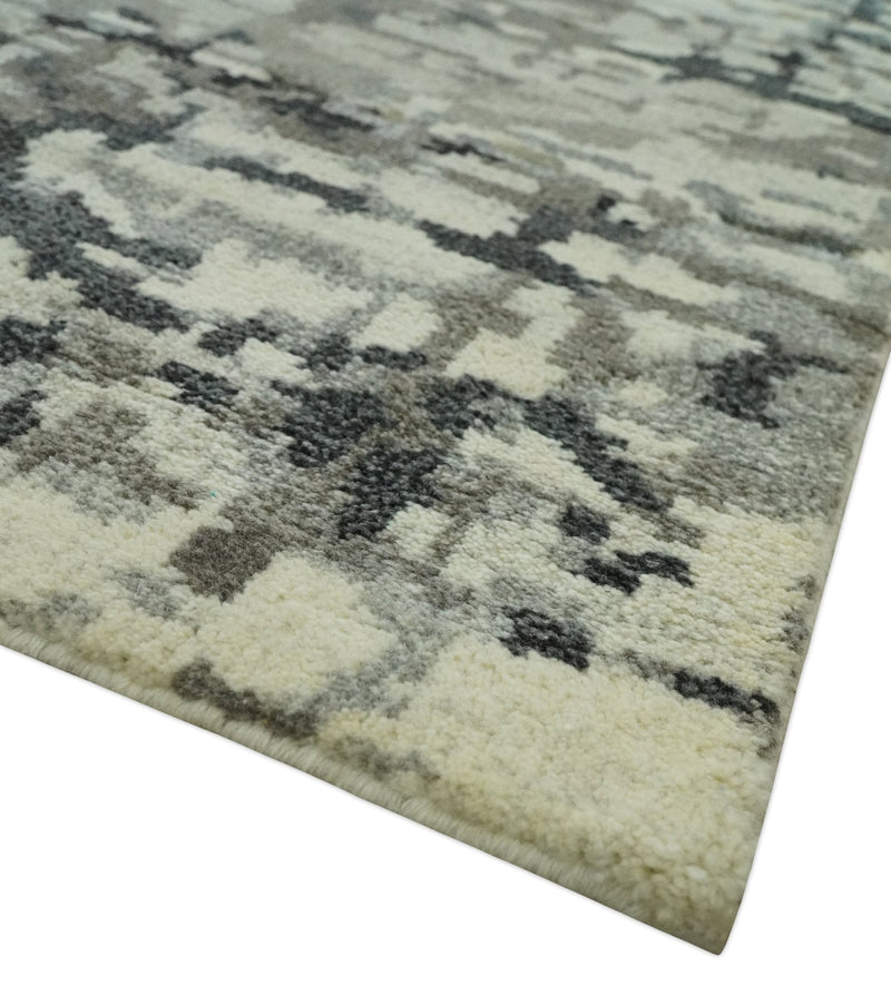 5x8 hand knotted Modern Abstract Beige, Silver, Taupe and Charcoal wool Area Rug