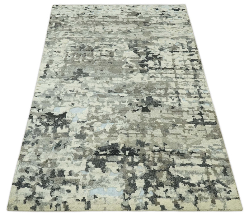 5x8 hand knotted Modern Abstract Beige, Silver, Taupe and Charcoal wool Area Rug