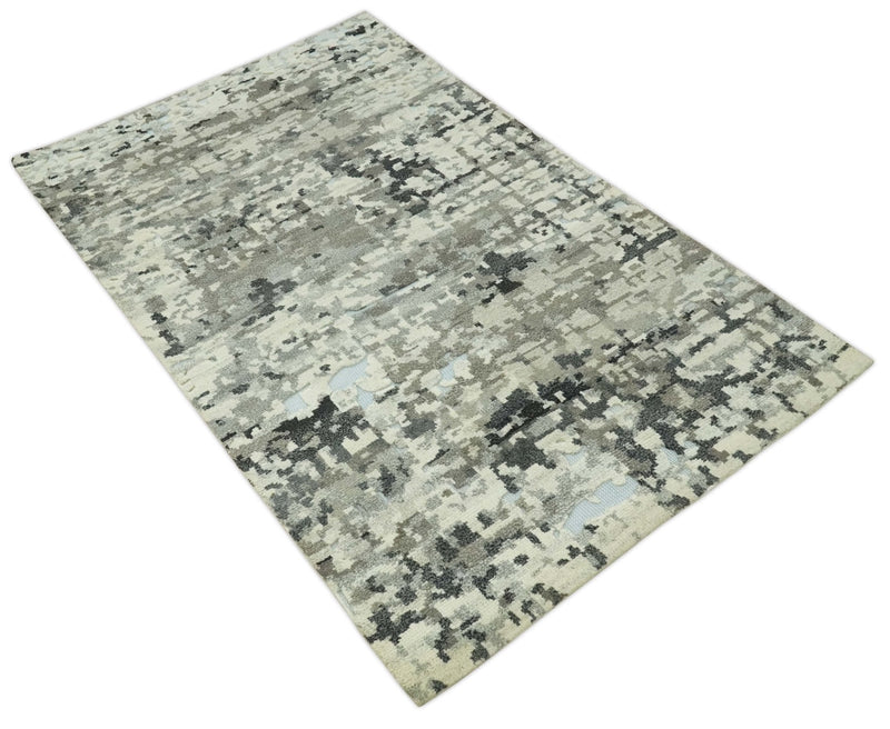 5x8 hand knotted Modern Abstract Beige, Silver, Taupe and Charcoal wool Area Rug