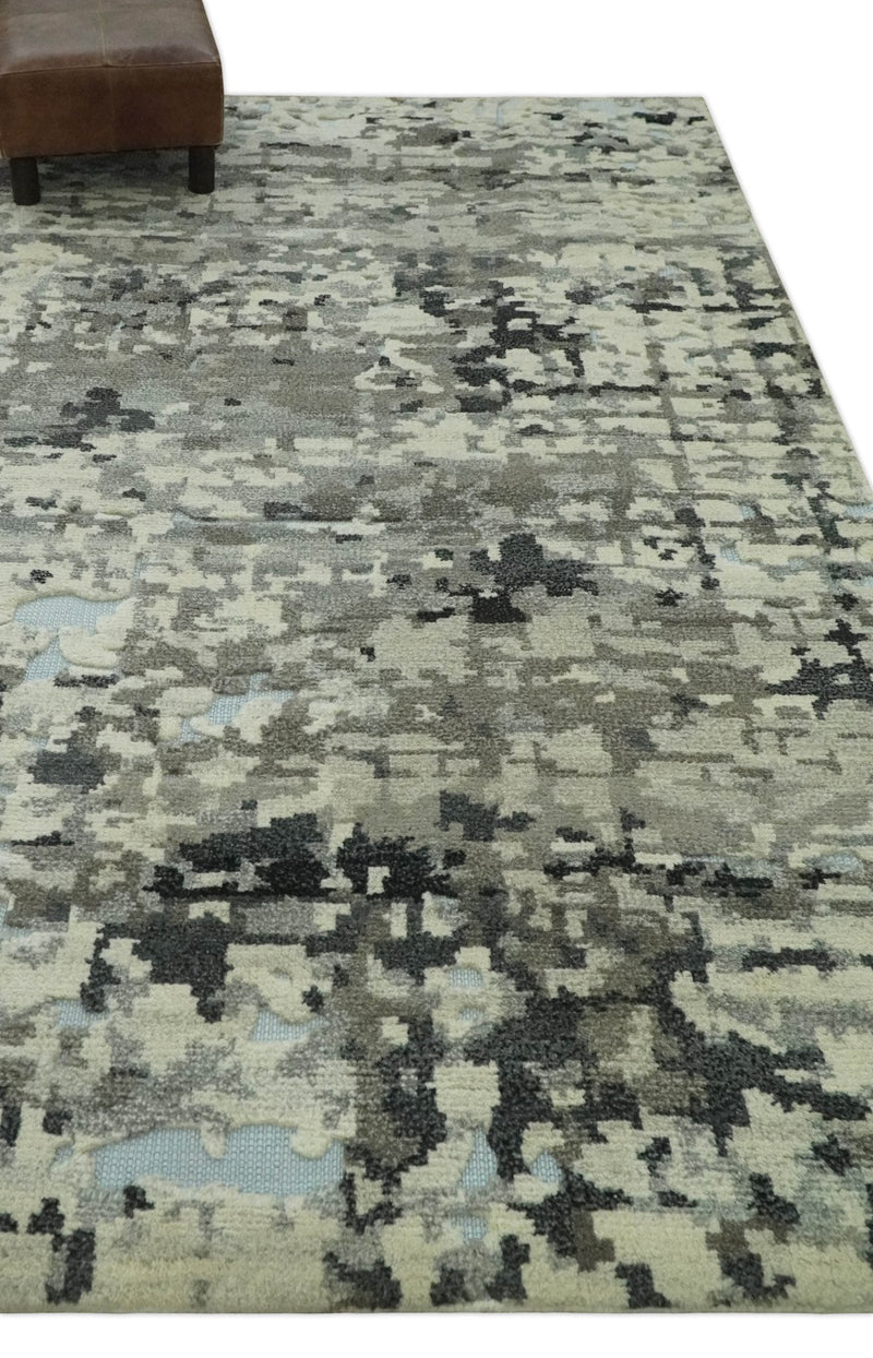 5x8 hand knotted Modern Abstract Beige, Silver, Taupe and Charcoal wool Area Rug