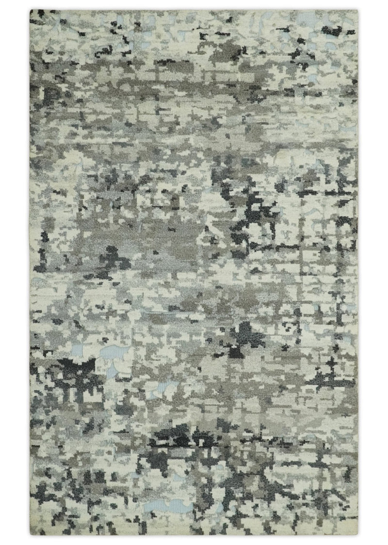 5x8 hand knotted Modern Abstract Beige, Silver, Taupe and Charcoal wool Area Rug