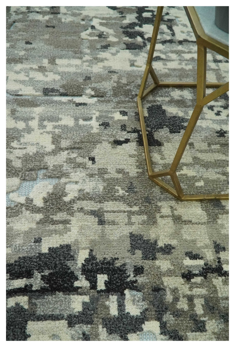 5x8 hand knotted Modern Abstract Beige, Silver, Taupe and Charcoal wool Area Rug