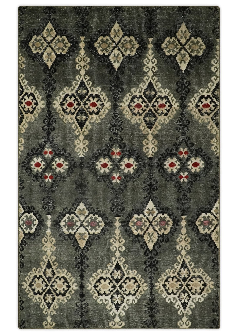 5x8 Hand Knotted Moss Green, Beige and Black  Antique Persian Style Contemporary Recycled Silk Area Rug | OP73