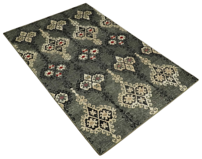 5x8 Hand Knotted Moss Green, Beige and Black  Antique Persian Style Contemporary Recycled Silk Area Rug | OP73