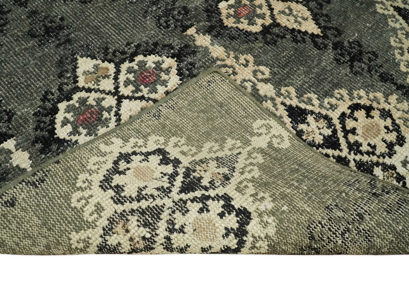 5x8 Hand Knotted Moss Green, Beige and Black  Antique Persian Style Contemporary Recycled Silk Area Rug | OP73