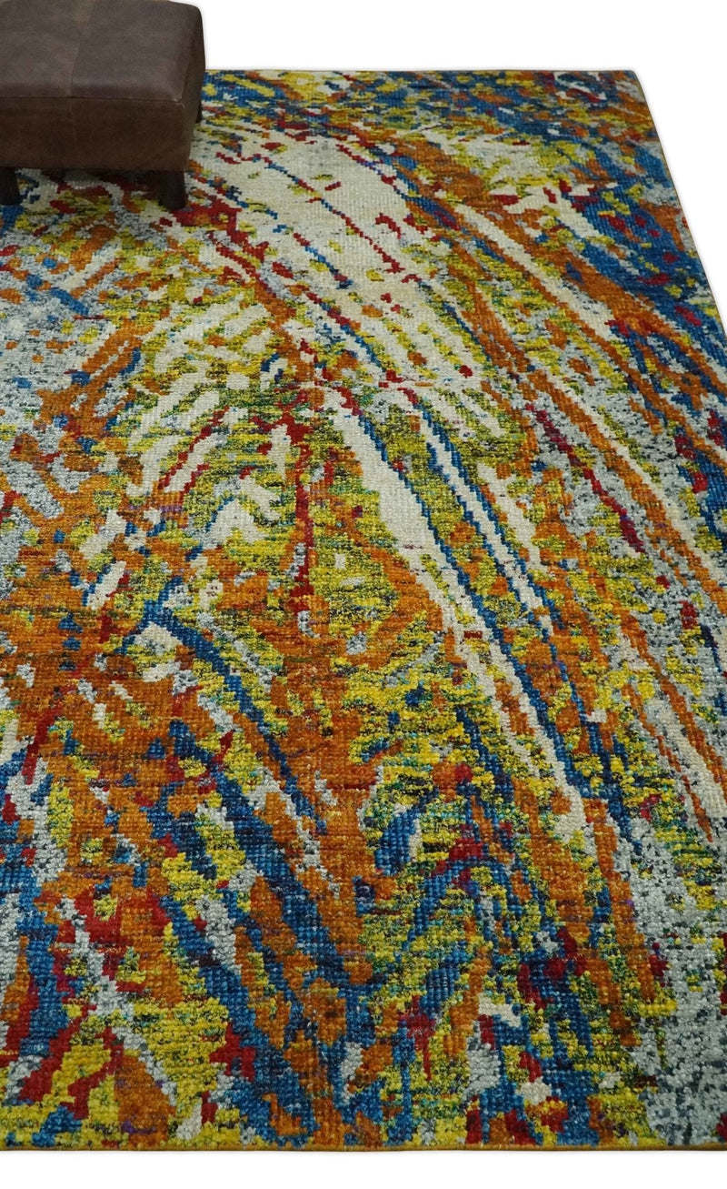 5x8 Hand Knotted Multicolor Modern Abstract Contemporary Recycled Silk Area Rug | OP111