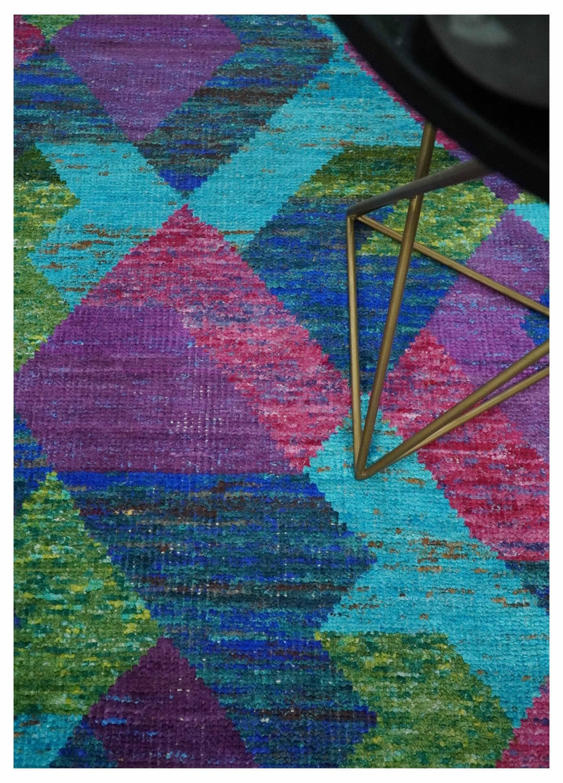 5x8 Hand Knotted Multicolor Modern Geometric Contemporary Recycled Silk Area Rug | OP78