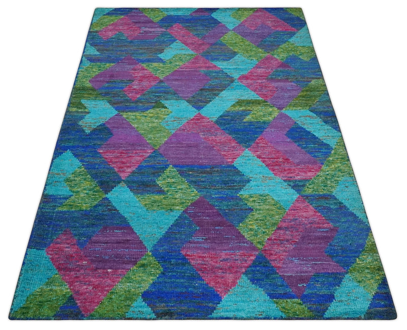 5x8 Hand Knotted Multicolor Modern Geometric Contemporary Recycled Silk Area Rug | OP78