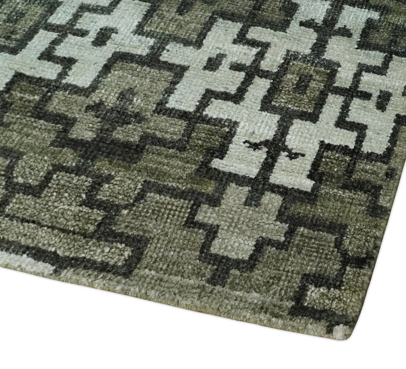 5x8 Hand Knotted Olive, Charcoal and White Modern Contemporary Southwestern Tribal Trellis Recycled Silk Area Rug | OP124