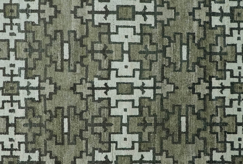 5x8 Hand Knotted Olive, Charcoal and White Modern Contemporary Southwestern Tribal Trellis Recycled Silk Area Rug | OP124