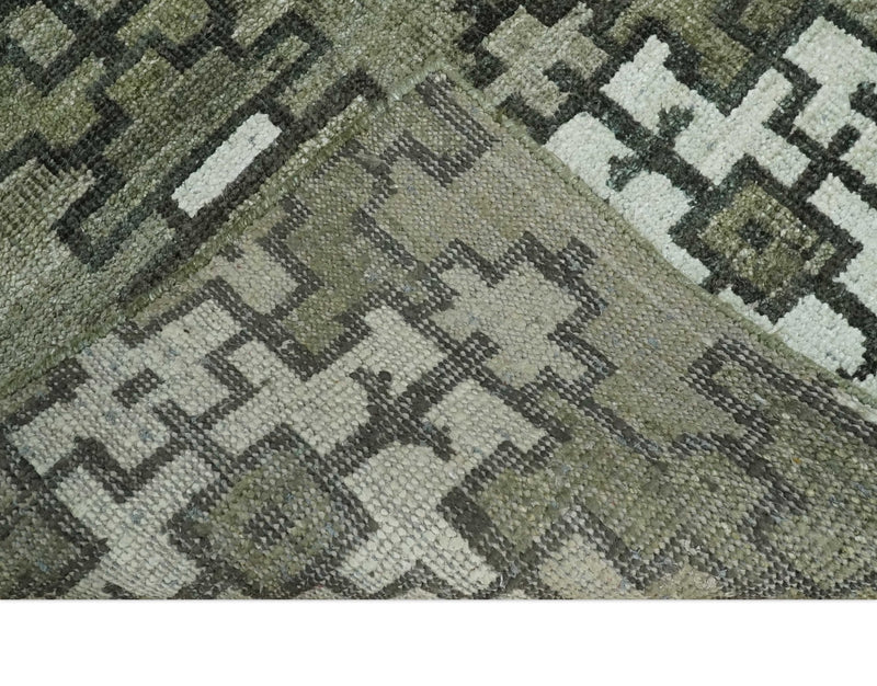 5x8 Hand Knotted Olive, Charcoal and White Modern Contemporary Southwestern Tribal Trellis Recycled Silk Area Rug | OP124