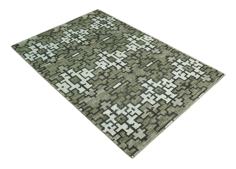 5x8 Hand Knotted Olive, Charcoal and White Modern Contemporary Southwestern Tribal Trellis Recycled Silk Area Rug | OP124