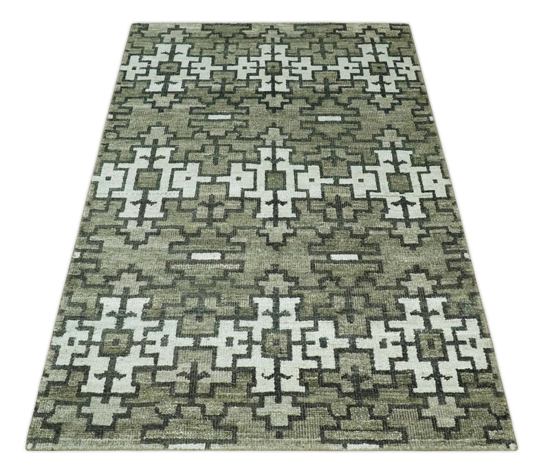 5x8 Hand Knotted Olive, Charcoal and White Modern Contemporary Southwestern Tribal Trellis Recycled Silk Area Rug | OP124