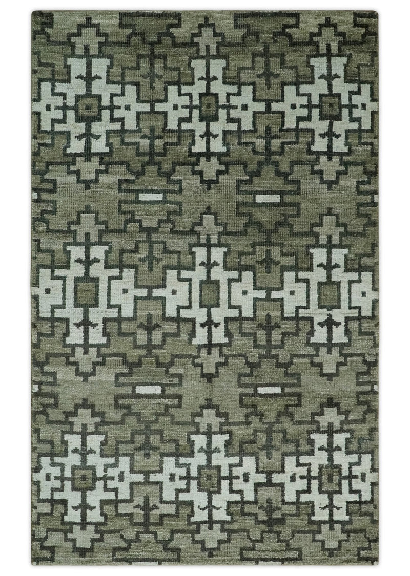 5x8 Hand Knotted Olive, Charcoal and White Modern Contemporary Southwestern Tribal Trellis Recycled Silk Area Rug | OP124