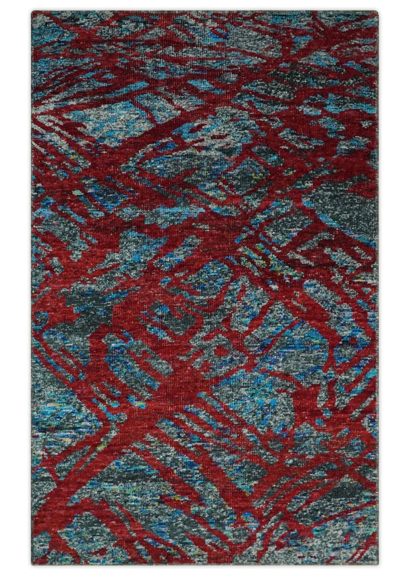 5x8 Hand Knotted Red, Gray and Blue Modern Abstract Contemporary Recycled Silk Area Rug | OP128