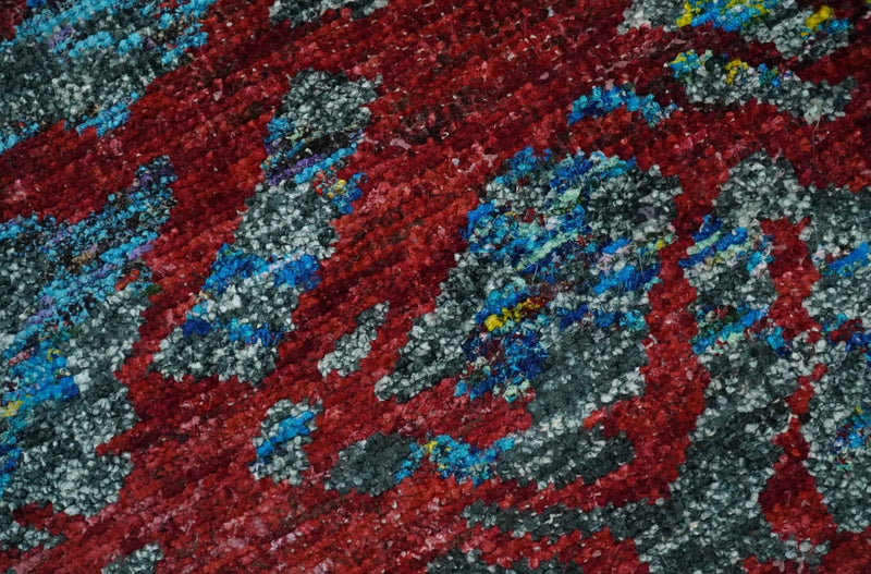 5x8 Hand Knotted Red, Gray and Blue Modern Abstract Contemporary Recycled Silk Area Rug | OP128