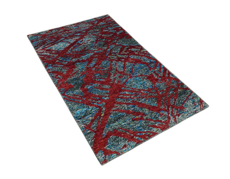 5x8 Hand Knotted Red, Gray and Blue Modern Abstract Contemporary Recycled Silk Area Rug | OP128