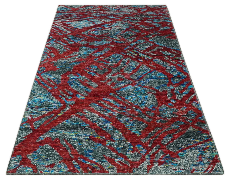 5x8 Hand Knotted Red, Gray and Blue Modern Abstract Contemporary Recycled Silk Area Rug | OP128