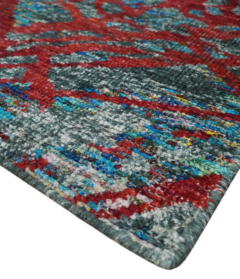 5x8 Hand Knotted Red, Gray and Blue Modern Abstract Contemporary Recycled Silk Area Rug | OP128