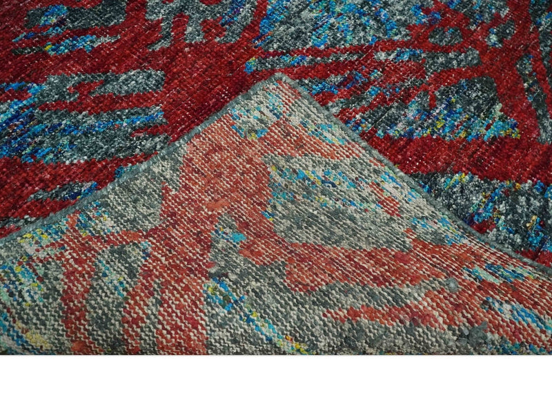 5x8 Hand Knotted Red, Gray and Blue Modern Abstract Contemporary Recycled Silk Area Rug | OP128