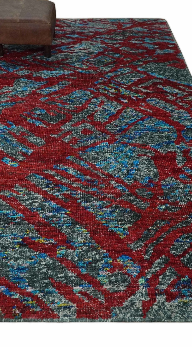 5x8 Hand Knotted Red, Gray and Blue Modern Abstract Contemporary Recycled Silk Area Rug | OP128