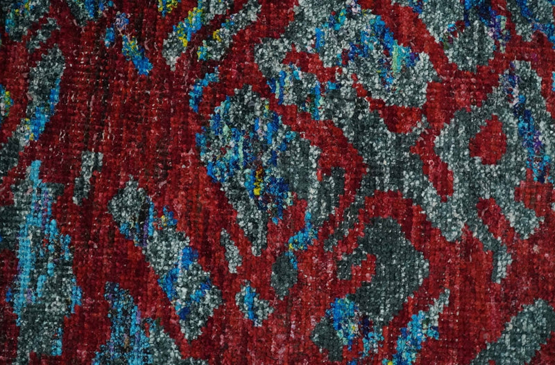 5x8 Hand Knotted Red, Gray and Blue Modern Abstract Contemporary Recycled Silk Area Rug | OP128