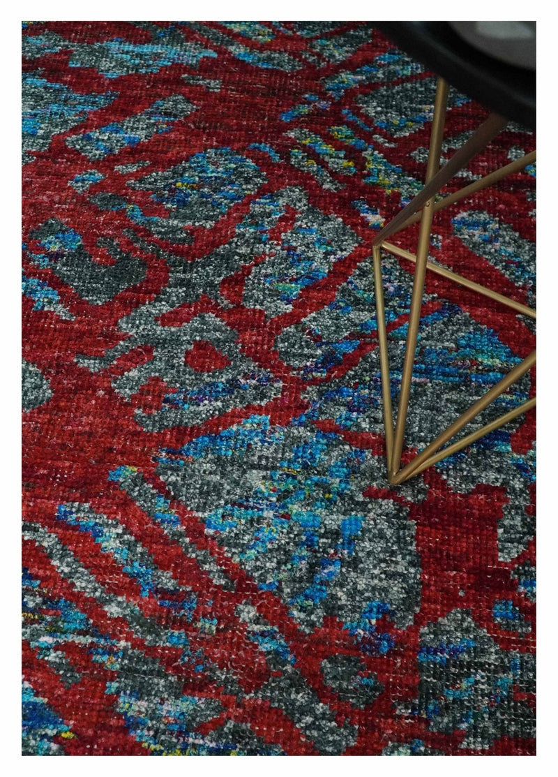 5x8 Hand Knotted Red, Gray and Blue Modern Abstract Contemporary Recycled Silk Area Rug | OP128