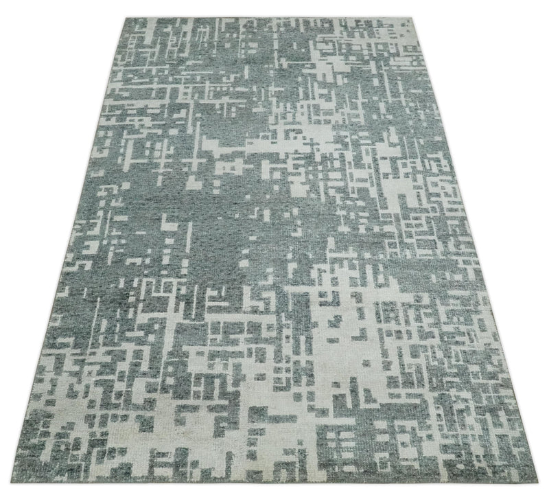 5x8 Hand Knotted Silver, Charcoal and Ivory Modern Abstract Contemporary Recycled Silk Area Rug