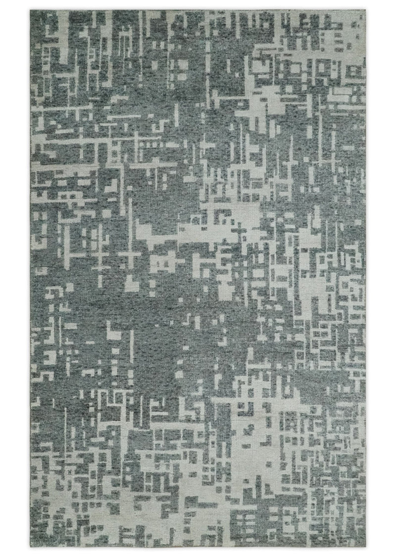 5x8 Hand Knotted Silver, Charcoal and Ivory Modern Abstract Contemporary Recycled Silk Area Rug