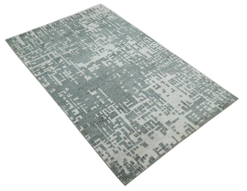 5x8 Hand Knotted Silver, Charcoal and Ivory Modern Abstract Contemporary Recycled Silk Area Rug