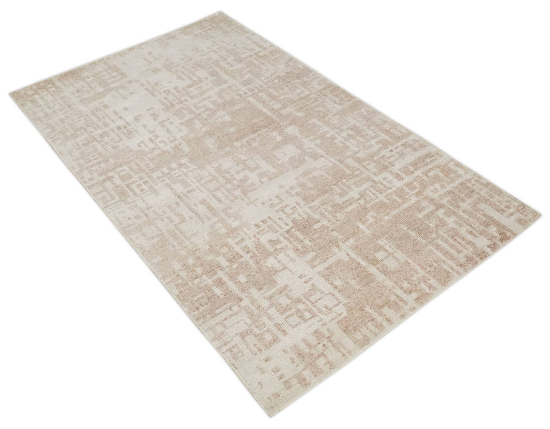 5x8 Hand Knotted Tan and Ivory Modern Abstract Contemporary Recycled Silk Area Rug