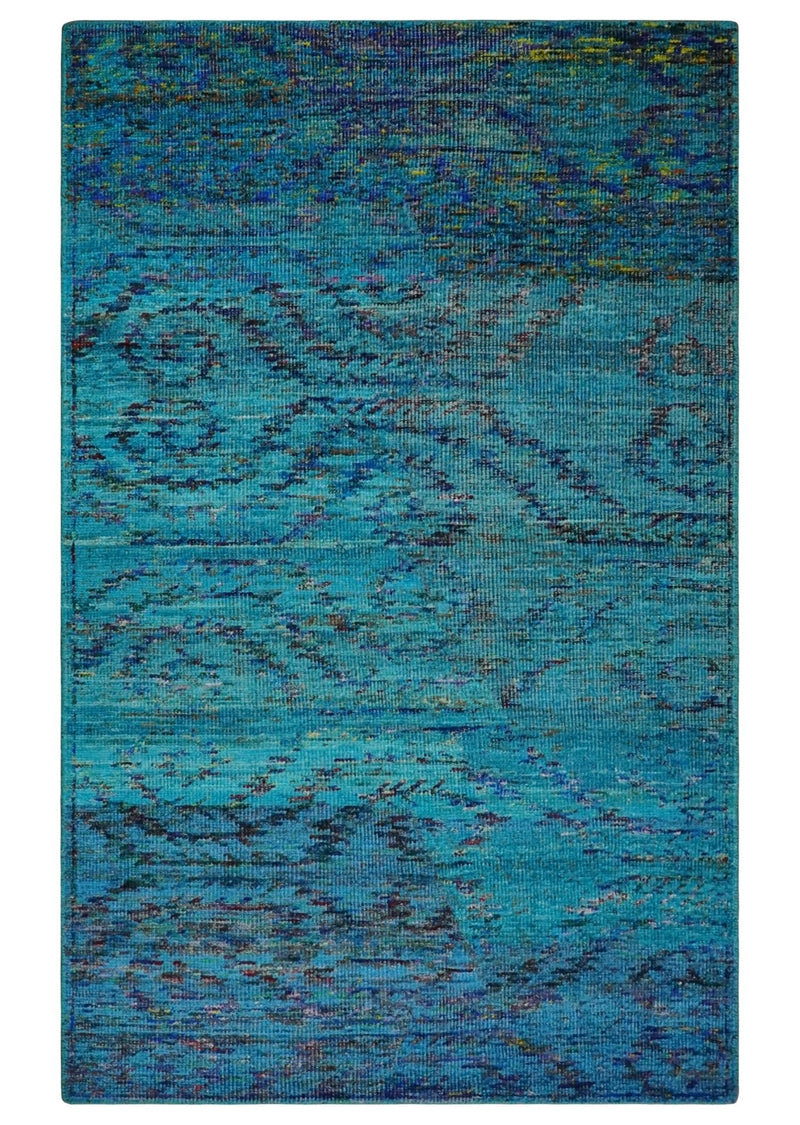 5x8 Hand Knotted Teal Blue and Violet Modern Contemporary Southwestern Tribal Trellis Recycled Silk Area Rug | OP112