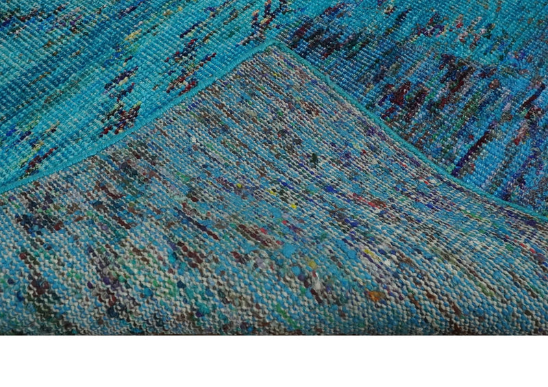 5x8 Hand Knotted Teal Blue and Violet Modern Contemporary Southwestern Tribal Trellis Recycled Silk Area Rug | OP112