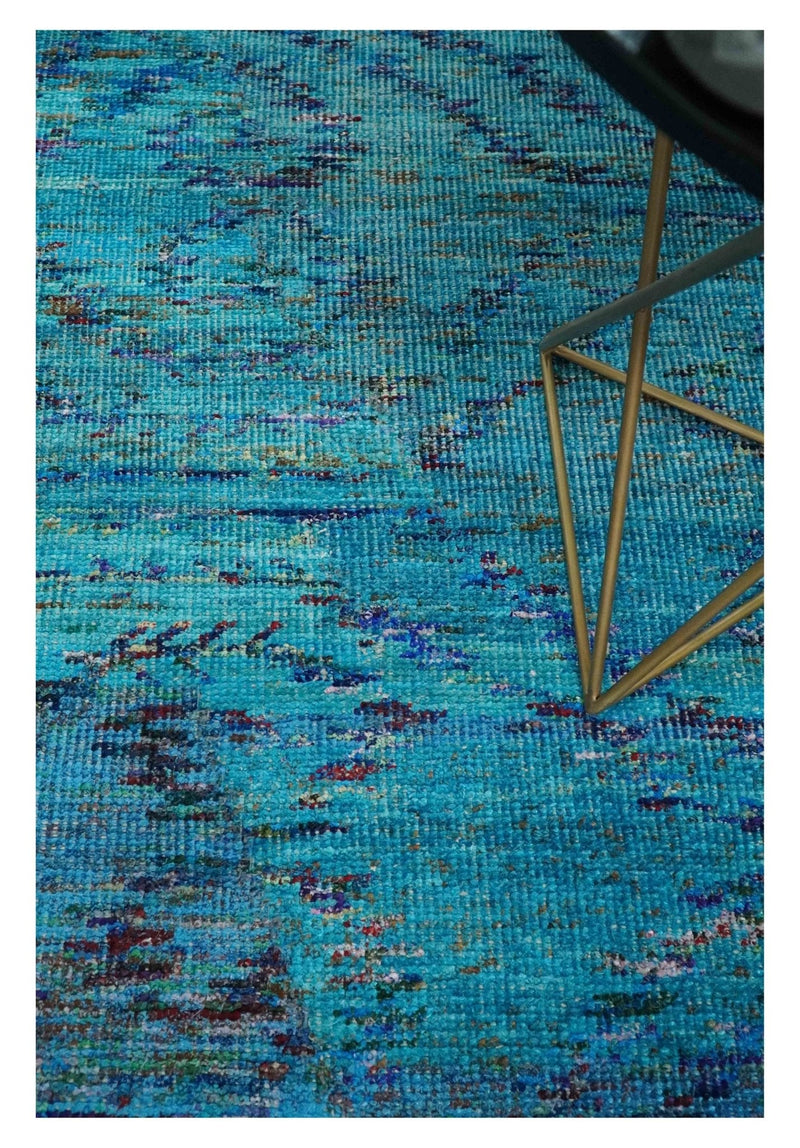 5x8 Hand Knotted Teal Blue and Violet Modern Contemporary Southwestern Tribal Trellis Recycled Silk Area Rug | OP112