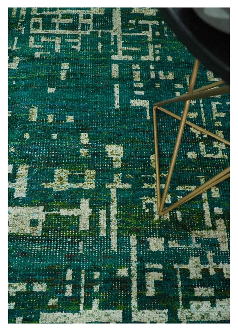 5.6x8 Hand Knotted Teal Green, Olive and Beige Modern Abstract Contemporary Recycled Silk Area Rug | OP130